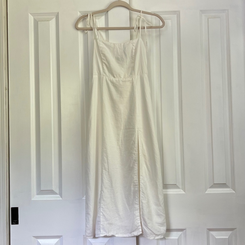 Urban Outfitters White Linen Blend Tie‎ Strap Smocked Back Midi Dress Size XS